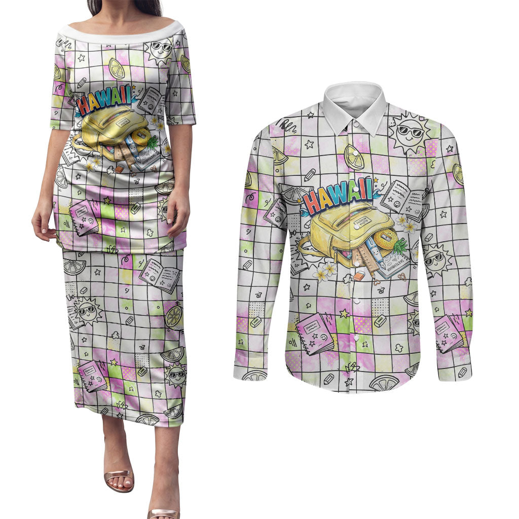 Hawaii Cruising Back To School Couples Matching Puletasi and Long Sleeve Button Shirt Grid Pattern With School Bag And Vintage Surf Van