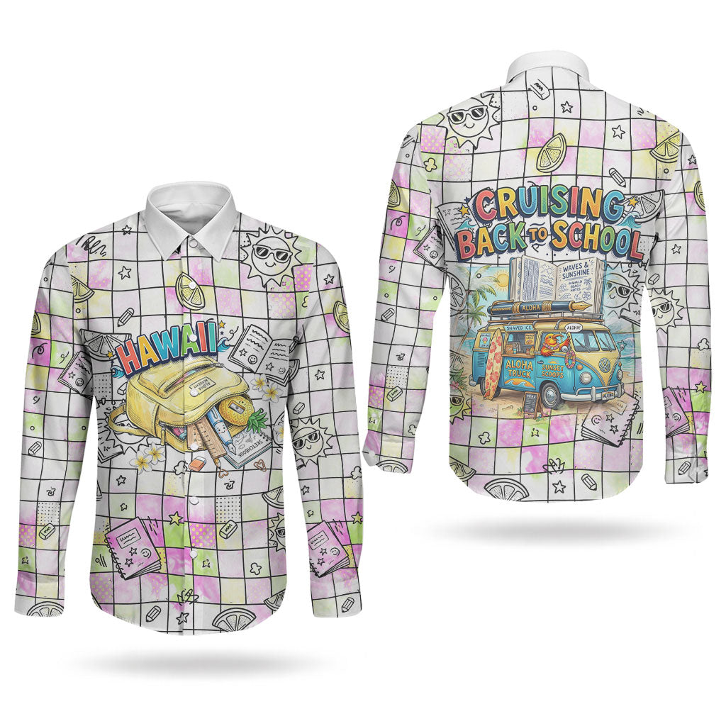 Hawaii Cruising Back To School Couples Matching Puletasi and Long Sleeve Button Shirt Grid Pattern With School Bag And Vintage Surf Van