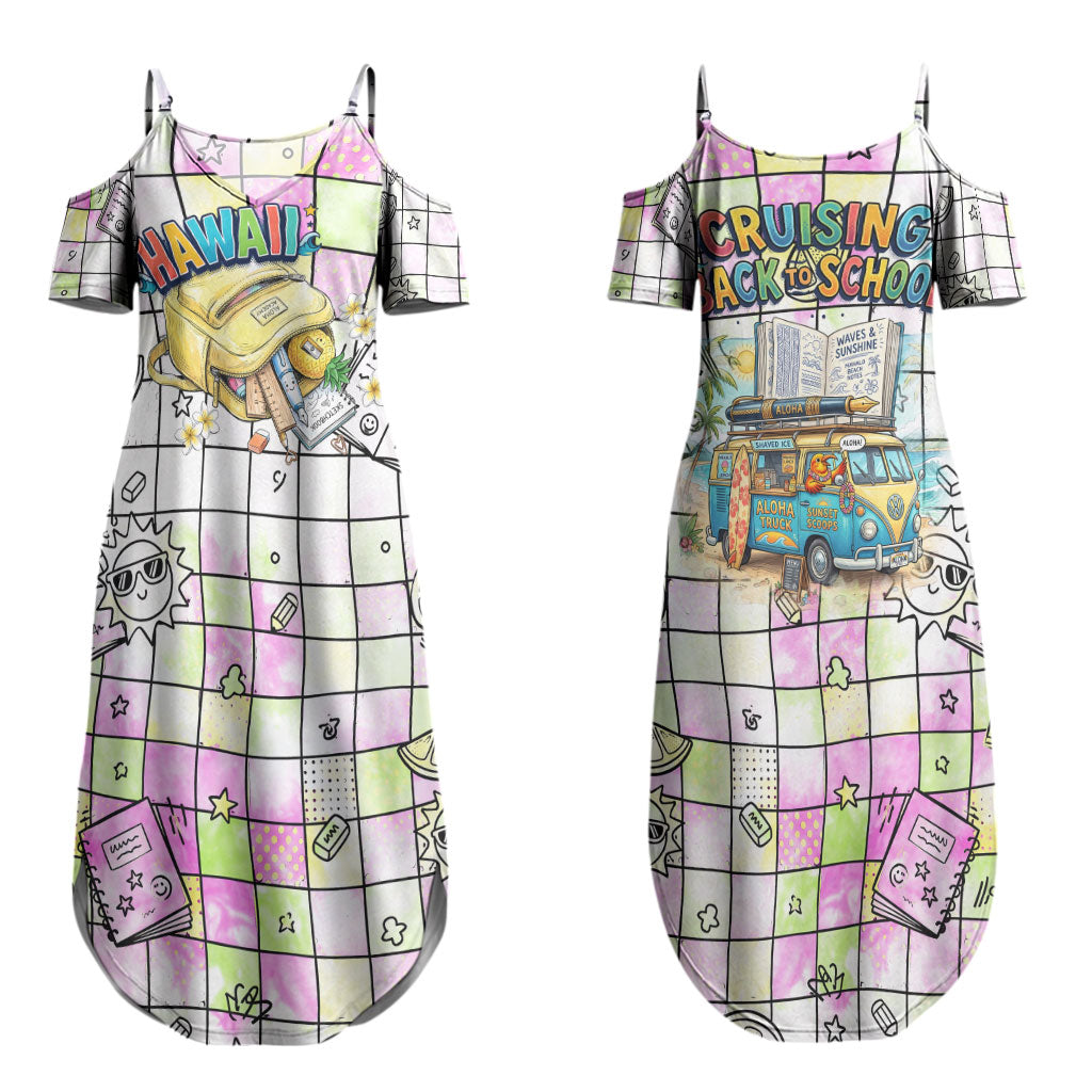 Hawaii Cruising Back To School Couples Matching Summer Maxi Dress and Hawaiian Shirt Grid Pattern With School Bag And Vintage Surf Van