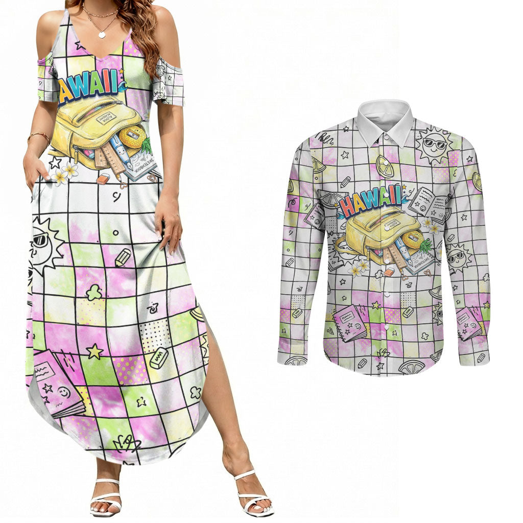 Hawaii Cruising Back To School Couples Matching Summer Maxi Dress and Long Sleeve Button Shirt Grid Pattern With School Bag And Vintage Surf Van