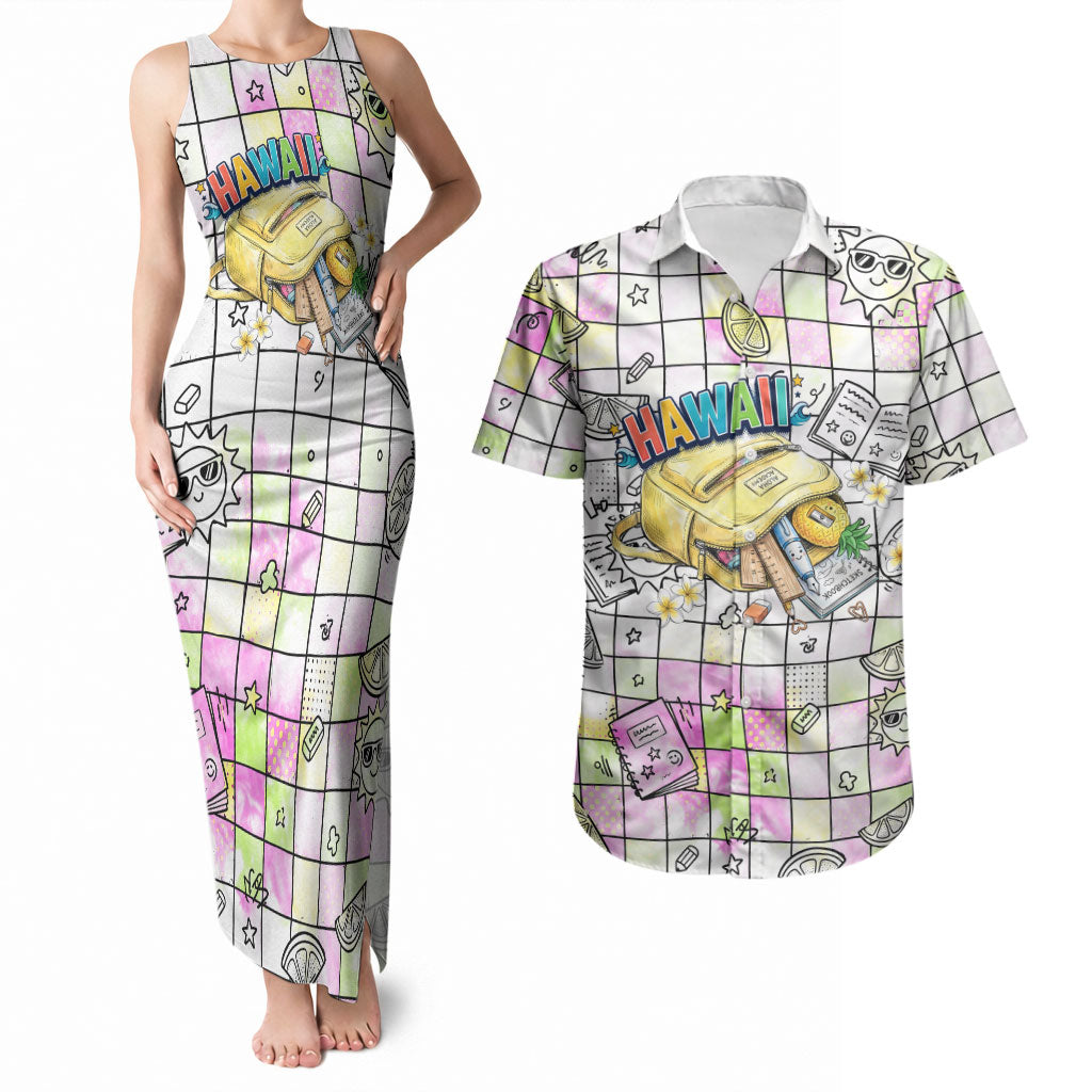 Hawaii Cruising Back To School Couples Matching Tank Maxi Dress and Hawaiian Shirt Grid Pattern With School Bag And Vintage Surf Van