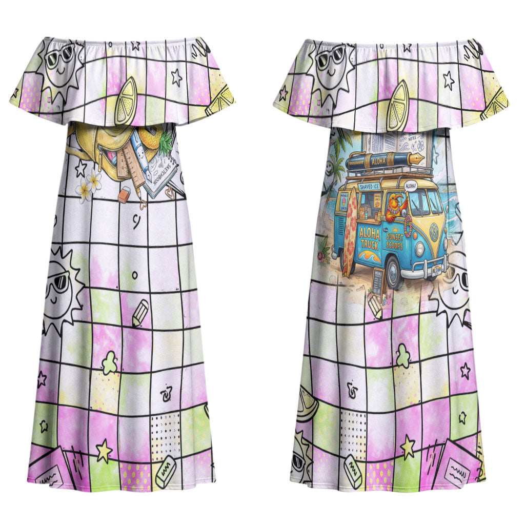 Hawaii Cruising Back To School Family Matching Off Shoulder Maxi Dress and Hawaiian Shirt Grid Pattern With School Bag And Vintage Surf Van