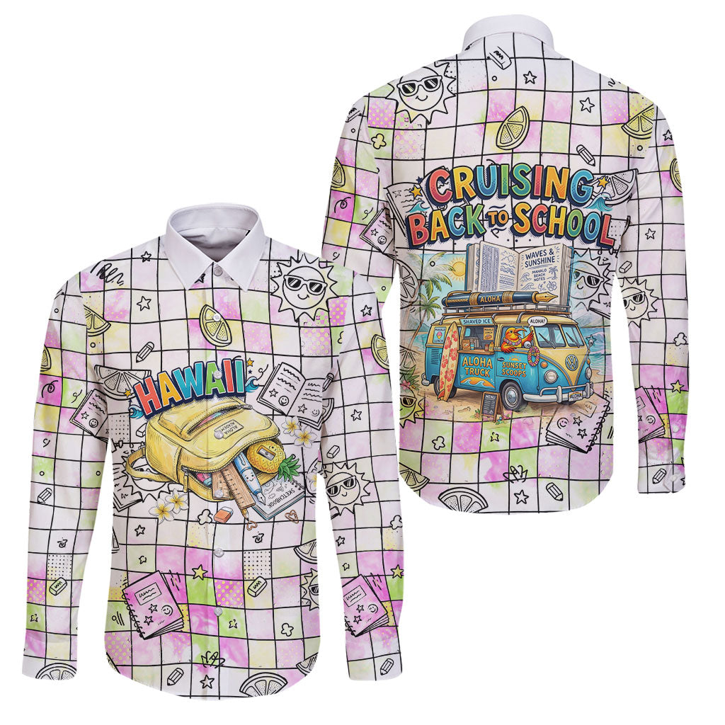 Hawaii Cruising Back To School Family Matching Off Shoulder Maxi Dress and Hawaiian Shirt Grid Pattern With School Bag And Vintage Surf Van