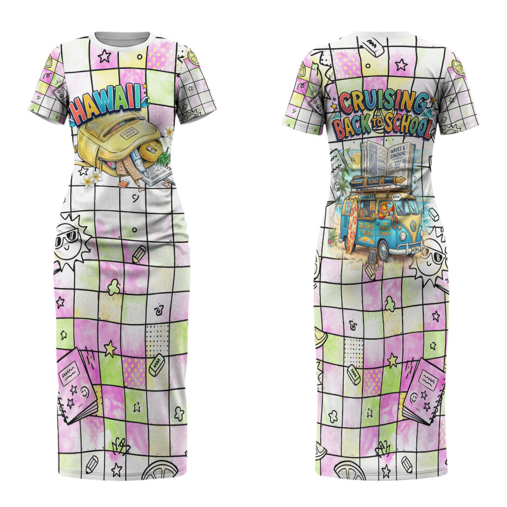 Hawaii Cruising Back To School Family Matching Short Sleeve Bodycon Dress and Hawaiian Shirt Grid Pattern With School Bag And Vintage Surf Van