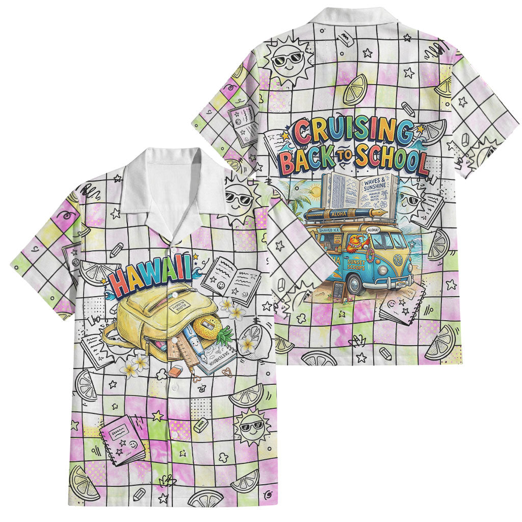 Hawaii Cruising Back To School Family Matching Summer Maxi Dress and Hawaiian Shirt Grid Pattern With School Bag And Vintage Surf Van