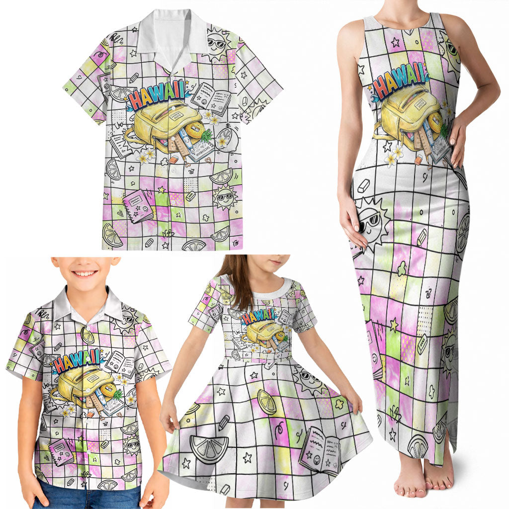 Hawaii Cruising Back To School Family Matching Tank Maxi Dress and Hawaiian Shirt Grid Pattern With School Bag And Vintage Surf Van TS04 - Polynesian Pride