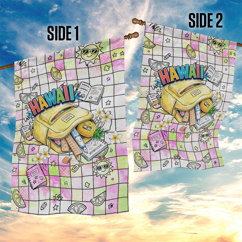 Hawaii Cruising Back To School Garden Flag Grid Pattern With School Bag And Vintage Surf Van