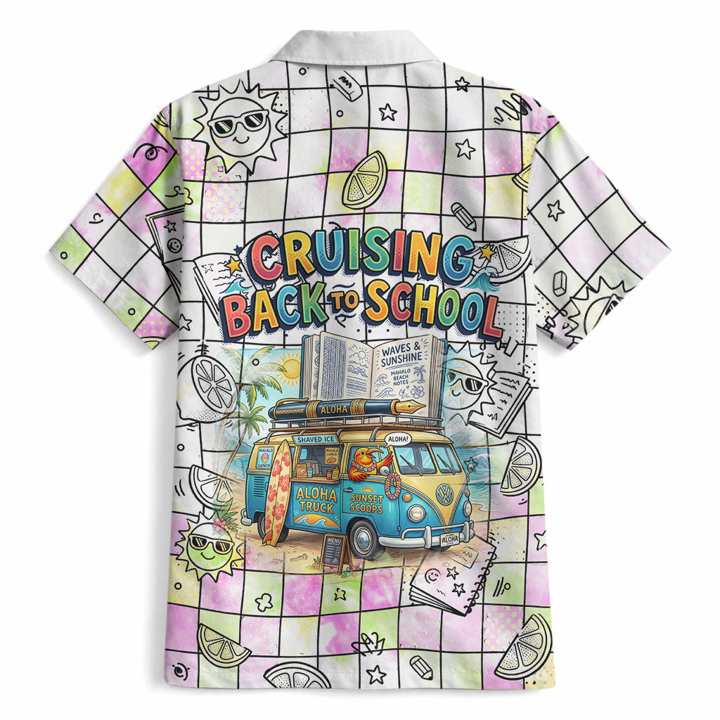 Hawaii Cruising Back To School Hawaiian Shirt Grid Pattern With School Bag And Vintage Surf Van