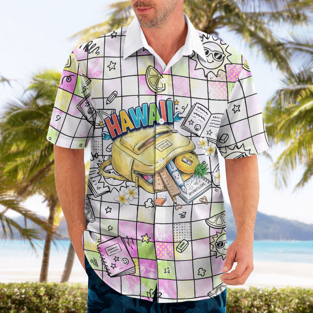 Hawaii Cruising Back To School Hawaiian Shirt Grid Pattern With School Bag And Vintage Surf Van