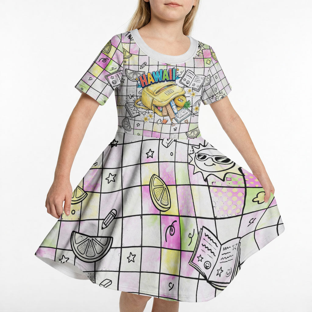 Hawaii Cruising Back To School Kid Short Sleeve Dress Grid Pattern With School Bag And Vintage Surf Van
