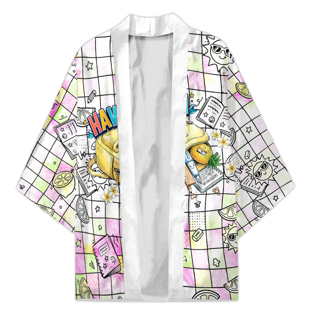 Hawaii Cruising Back To School Kimono Grid Pattern With School Bag And Vintage Surf Van