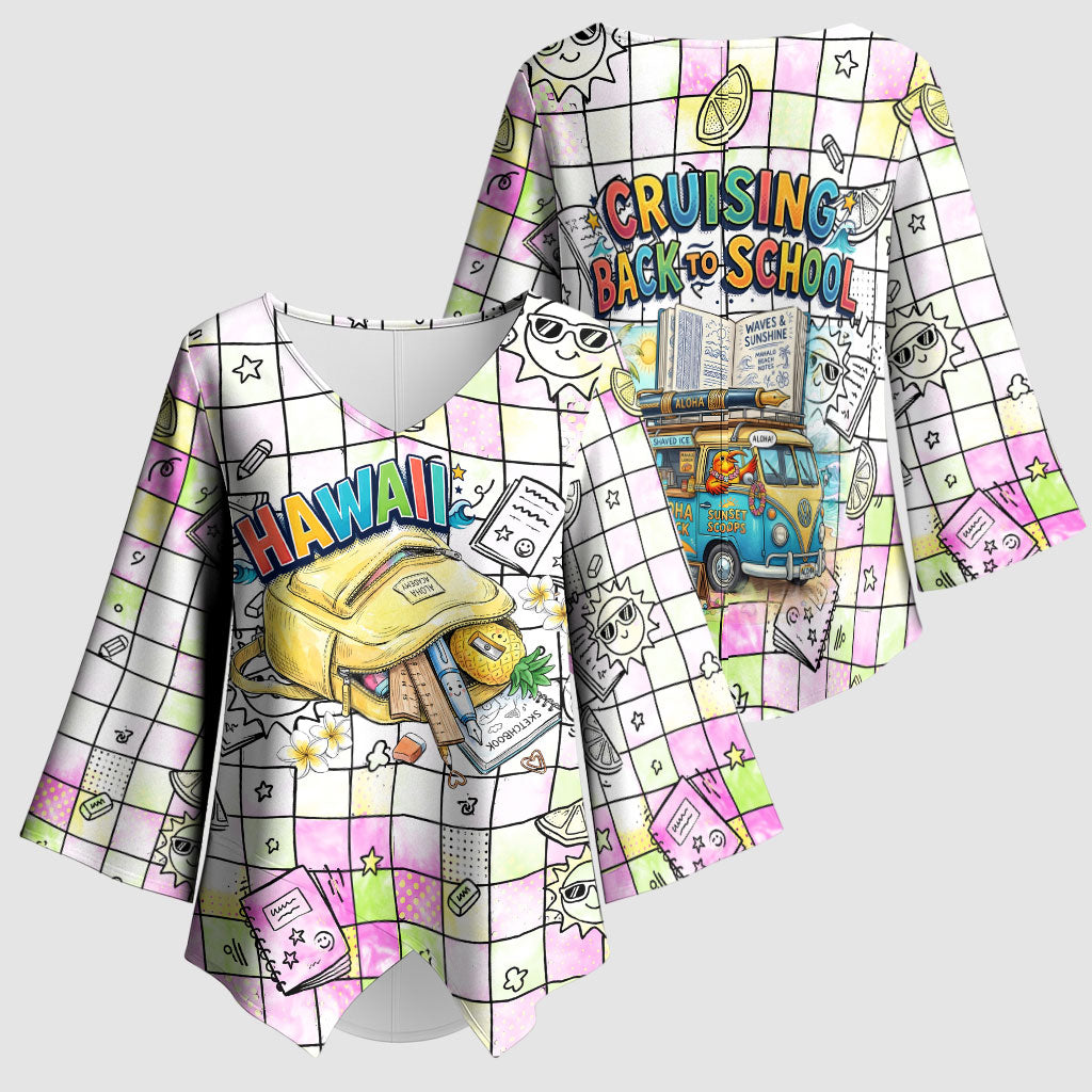 Hawaii Cruising Back To School Kimono Sleeve Blouse Grid Pattern With School Bag And Vintage Surf Van