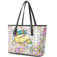 Hawaii Cruising Back To School Leather Tote Bag Grid Pattern With School Bag And Vintage Surf Van