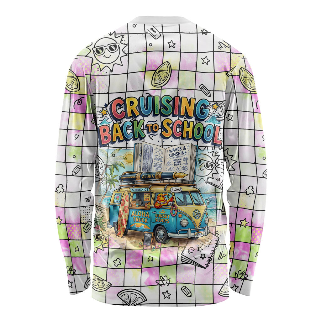 Hawaii Cruising Back To School Long Sleeve Shirt Grid Pattern With School Bag And Vintage Surf Van