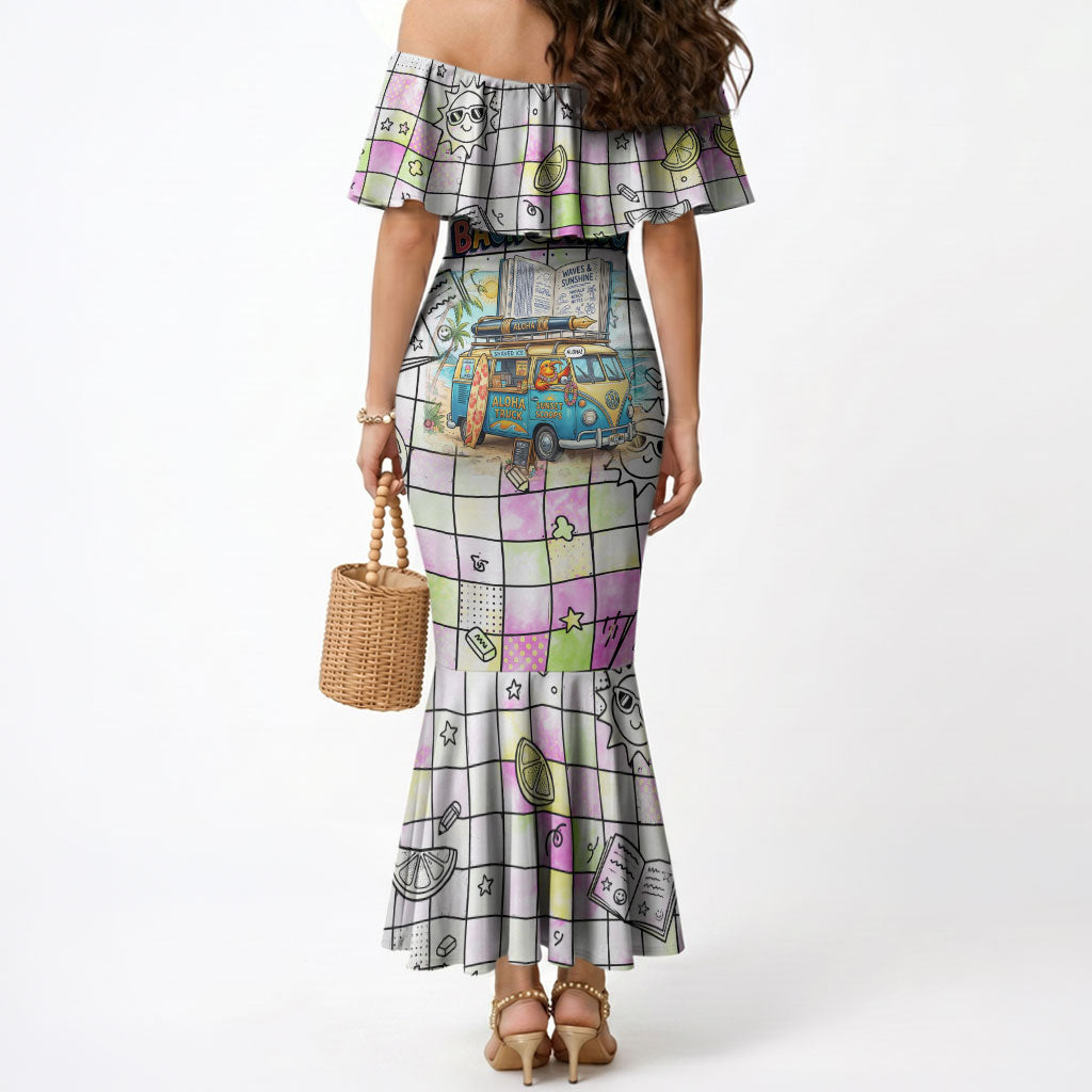 Hawaii Cruising Back To School Mermaid Dress Grid Pattern With School Bag And Vintage Surf Van