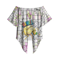 Hawaii Cruising Back To School Off Shoulder Wrap Waist Top Grid Pattern With School Bag And Vintage Surf Van TS04 White Yellow - Polynesian Pride