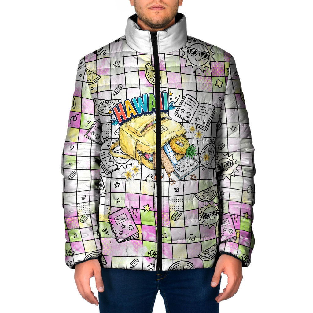 Hawaii Cruising Back To School Padded Jacket Grid Pattern With School Bag And Vintage Surf Van