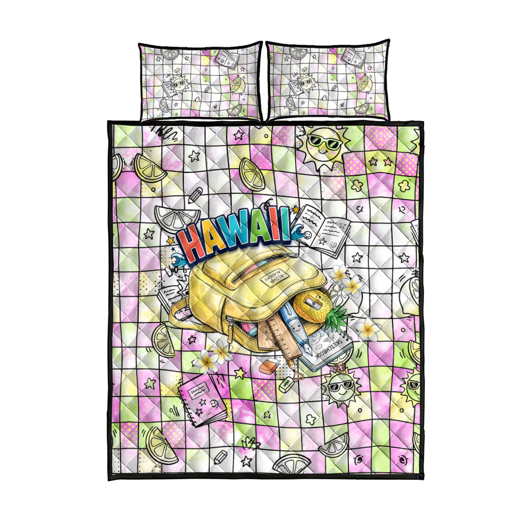 Hawaii Cruising Back To School Quilt Bed Set Grid Pattern With School Bag And Vintage Surf Van