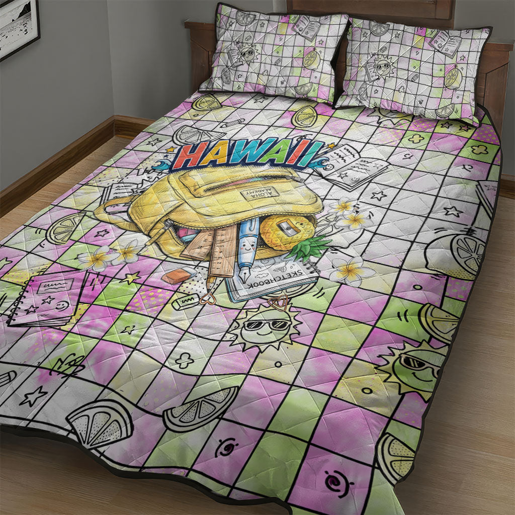 Hawaii Cruising Back To School Quilt Bed Set Grid Pattern With School Bag And Vintage Surf Van