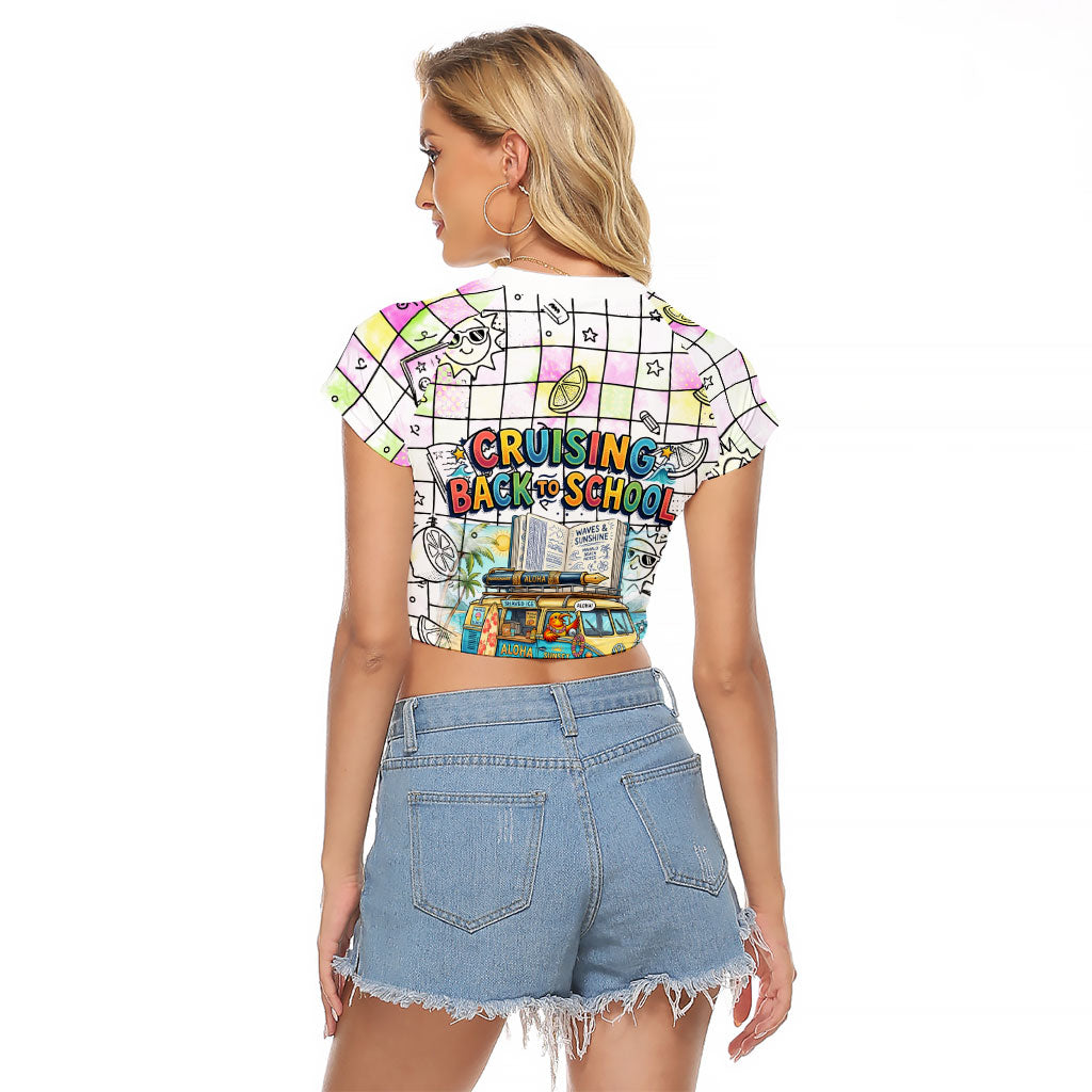 Hawaii Cruising Back To School Raglan Cropped T Shirt Grid Pattern With School Bag And Vintage Surf Van