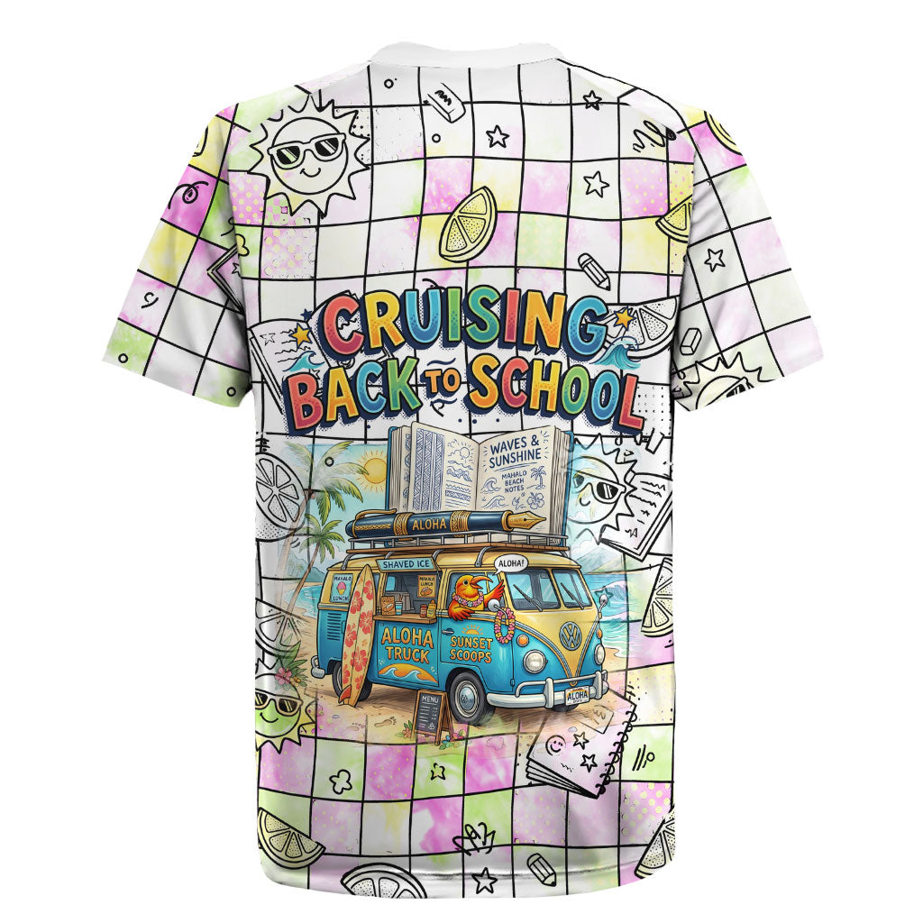 Hawaii Cruising Back To School Rugby Jersey Grid Pattern With School Bag And Vintage Surf Van