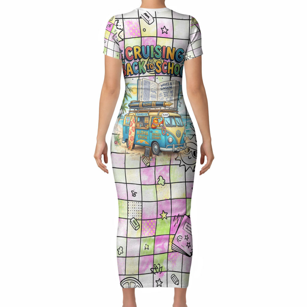 Hawaii Cruising Back To School Short Sleeve Bodycon Dress Grid Pattern With School Bag And Vintage Surf Van