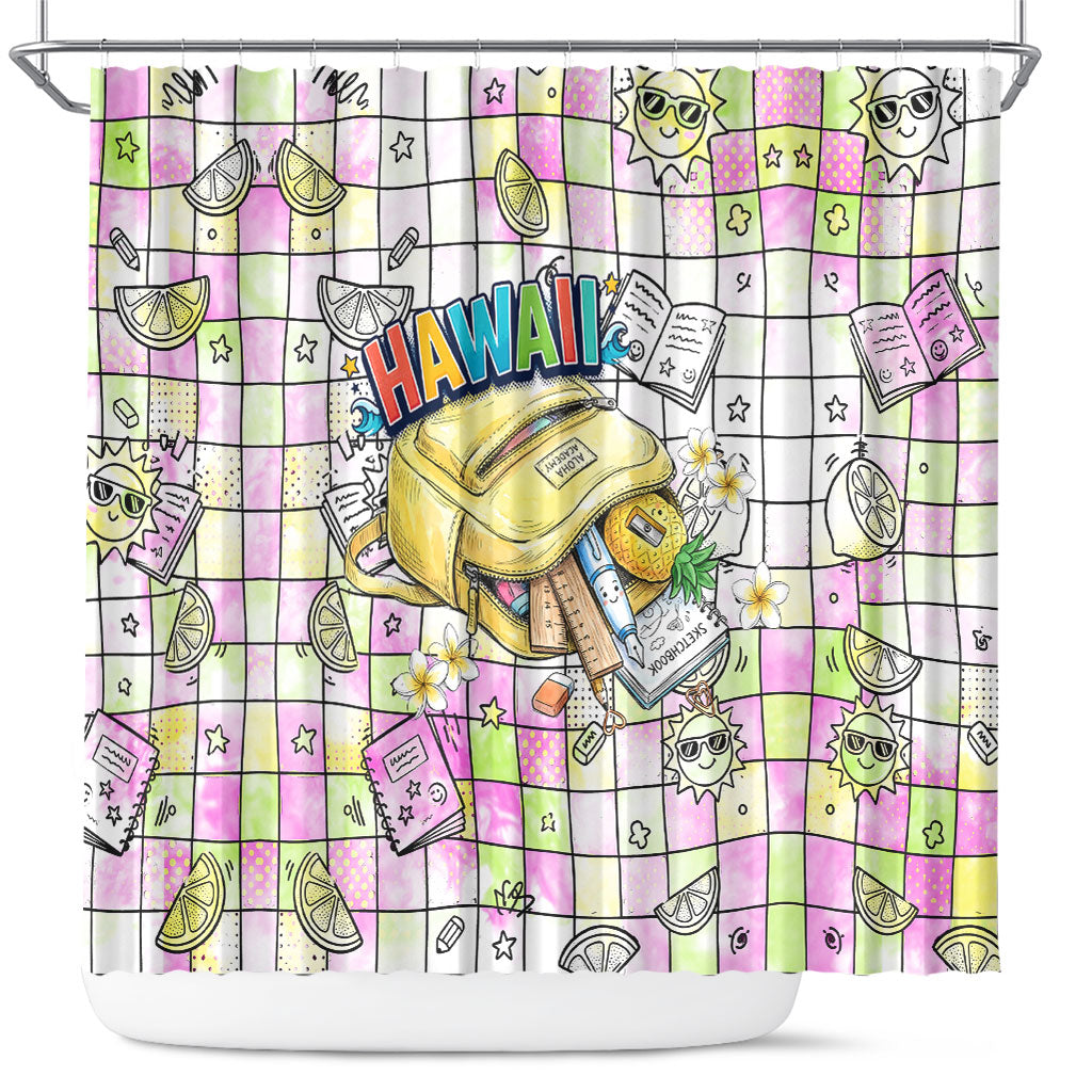 Hawaii Cruising Back To School Shower Curtain Grid Pattern With School Bag And Vintage Surf Van