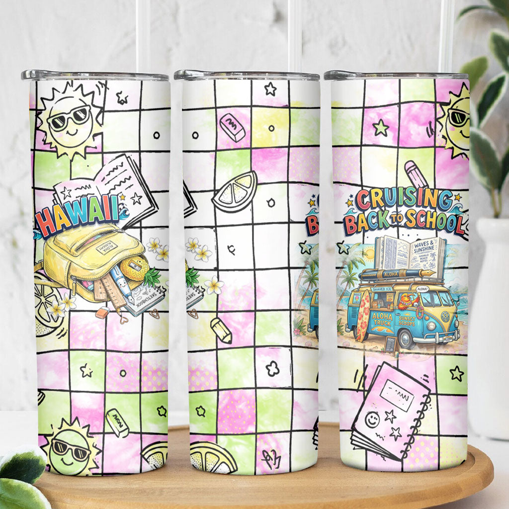 Hawaii Cruising Back To School Skinny Tumbler Grid Pattern With School Bag And Vintage Surf Van