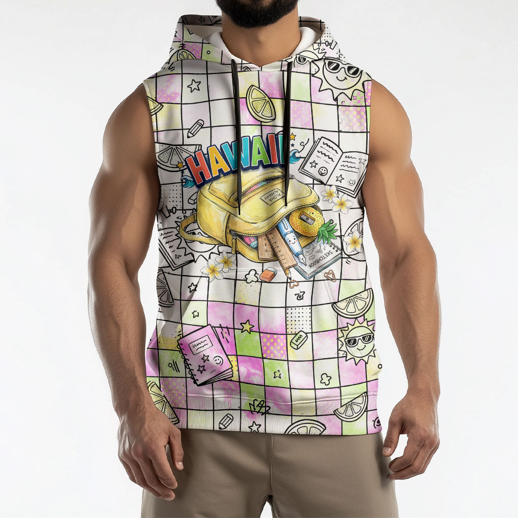 Hawaii Cruising Back To School Sleeveless Hoodie Grid Pattern With School Bag And Vintage Surf Van