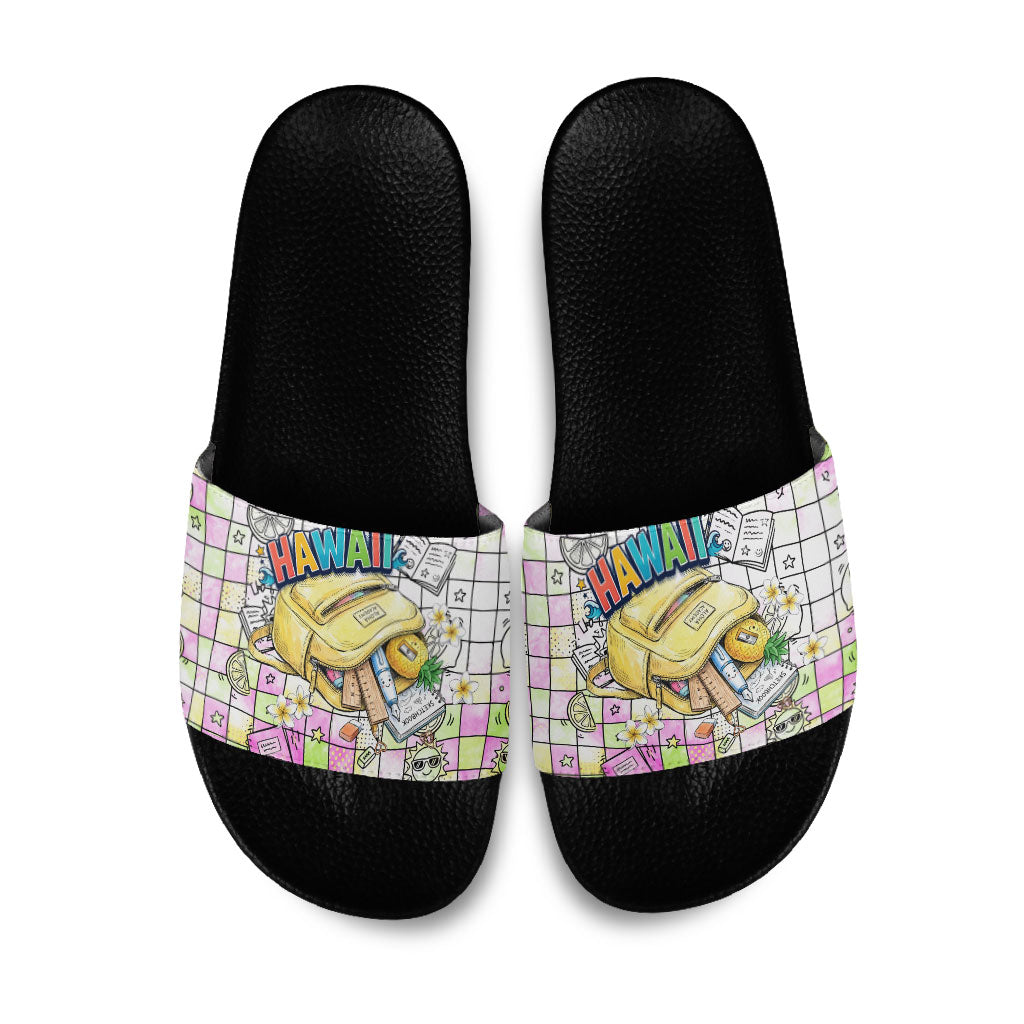Hawaii Cruising Back To School Slide Sandals Grid Pattern With School Bag And Vintage Surf Van