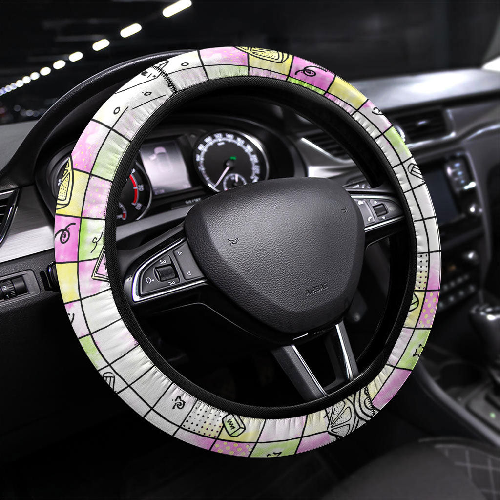 Hawaii Cruising Back To School Steering Wheel Cover Grid Pattern With School Bag And Vintage Surf Van