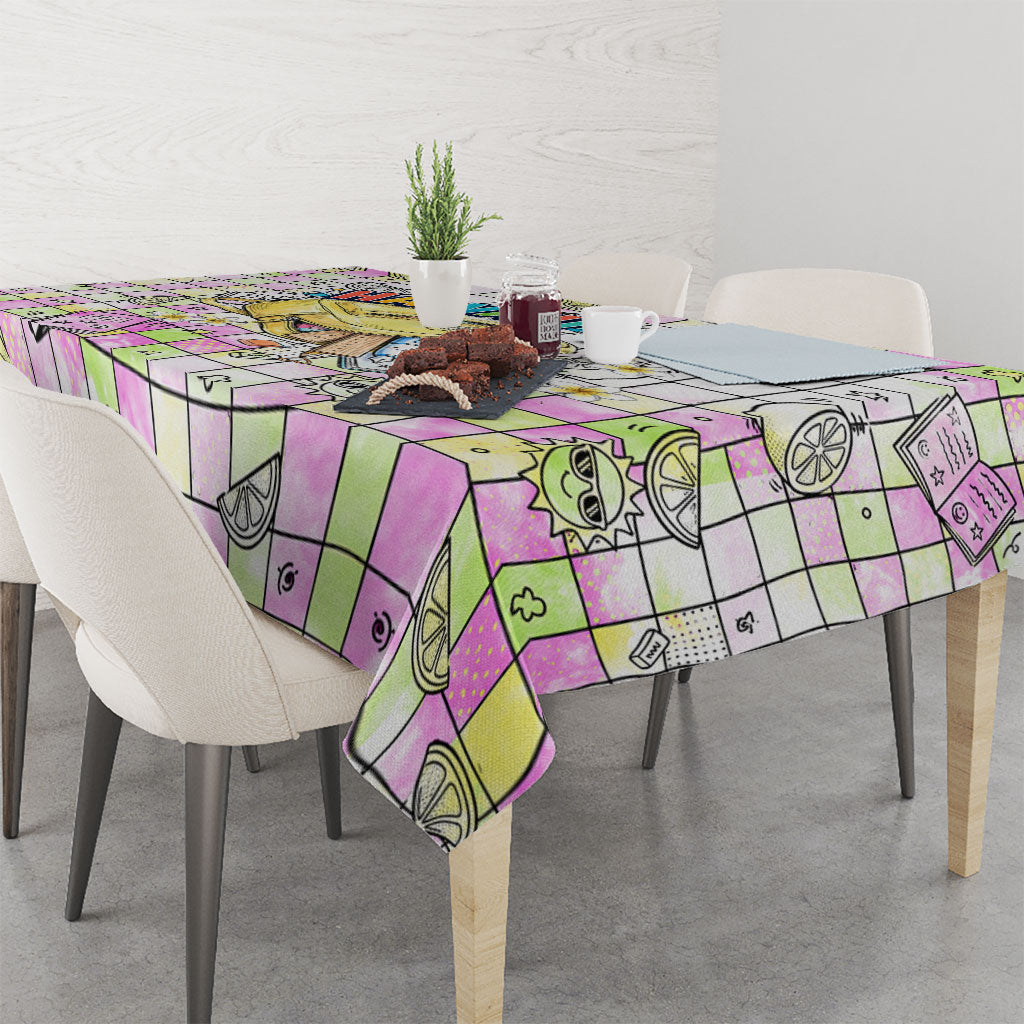 Hawaii Cruising Back To School Tablecloth Grid Pattern With School Bag And Vintage Surf Van