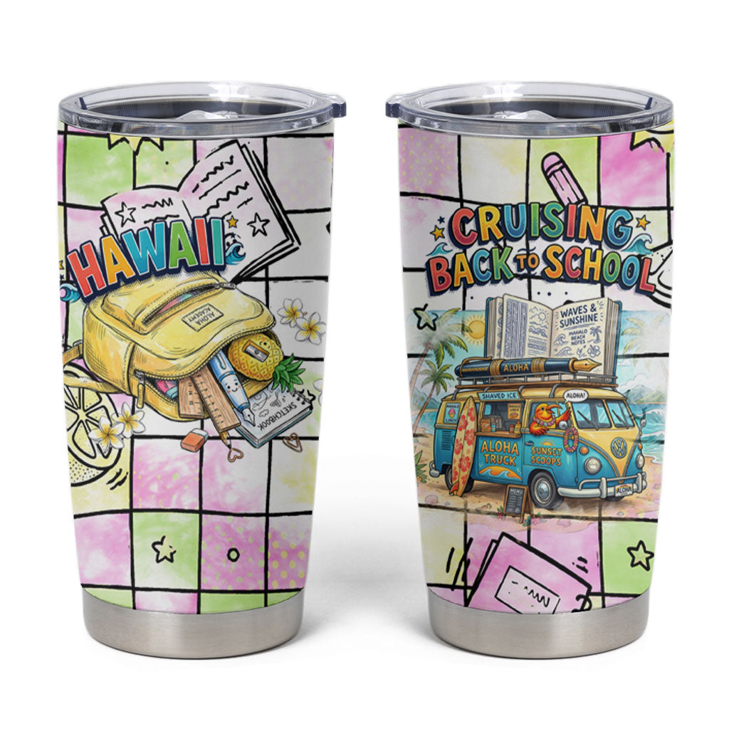 Hawaii Cruising Back To School Tumbler Cup Grid Pattern With School Bag And Vintage Surf Van