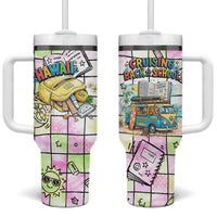 Hawaii Cruising Back To School Tumbler With Handle Grid Pattern With School Bag And Vintage Surf Van