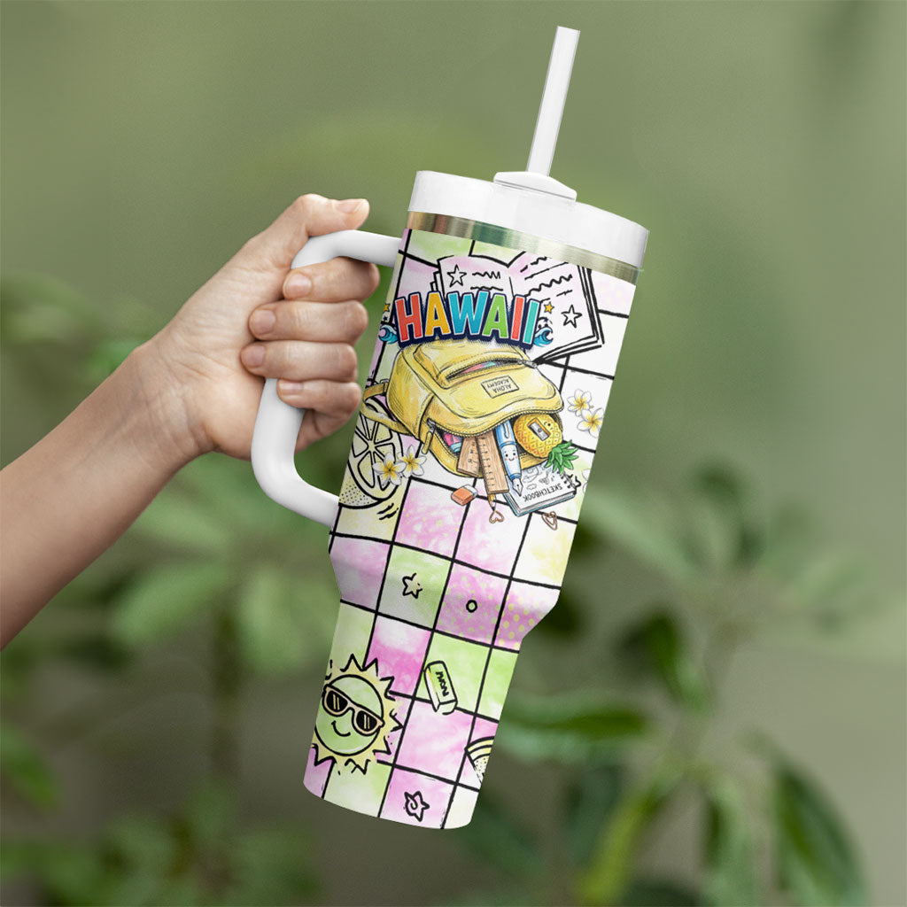 Hawaii Cruising Back To School Tumbler With Handle Grid Pattern With School Bag And Vintage Surf Van