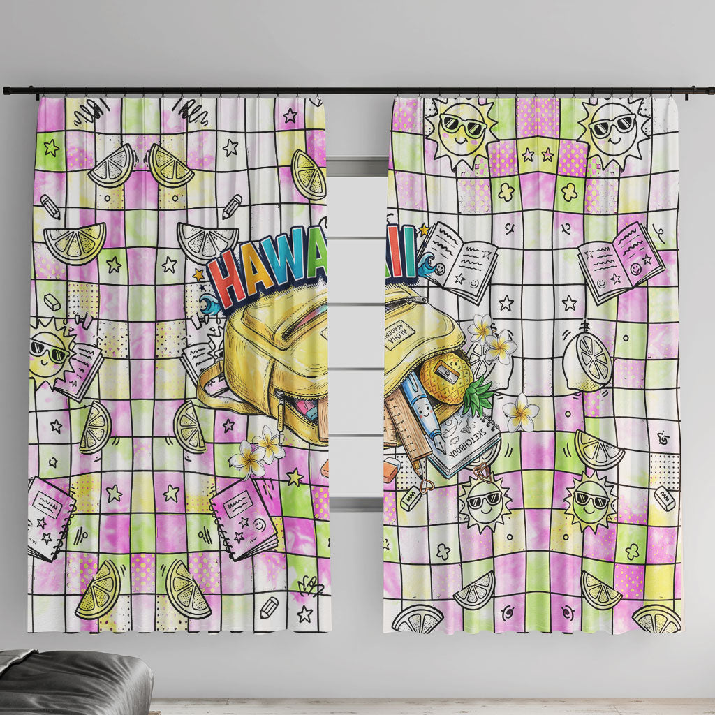 Hawaii Cruising Back To School Window Curtain Grid Pattern With School Bag And Vintage Surf Van