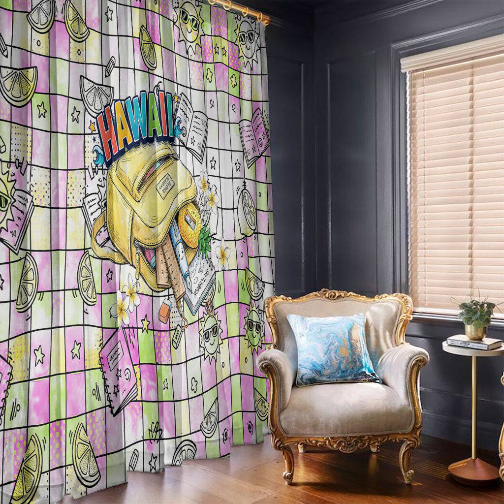 Hawaii Cruising Back To School Window Curtain Grid Pattern With School Bag And Vintage Surf Van