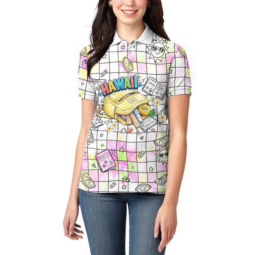Hawaii Cruising Back To School Women Polo Shirt Grid Pattern With School Bag And Vintage Surf Van