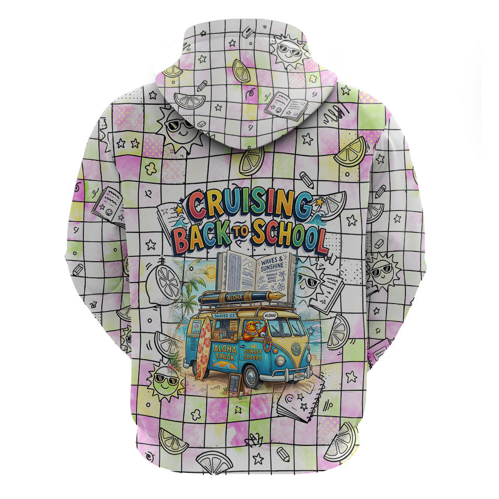 Hawaii Cruising Back To School Zip Hoodie Grid Pattern With School Bag And Vintage Surf Van