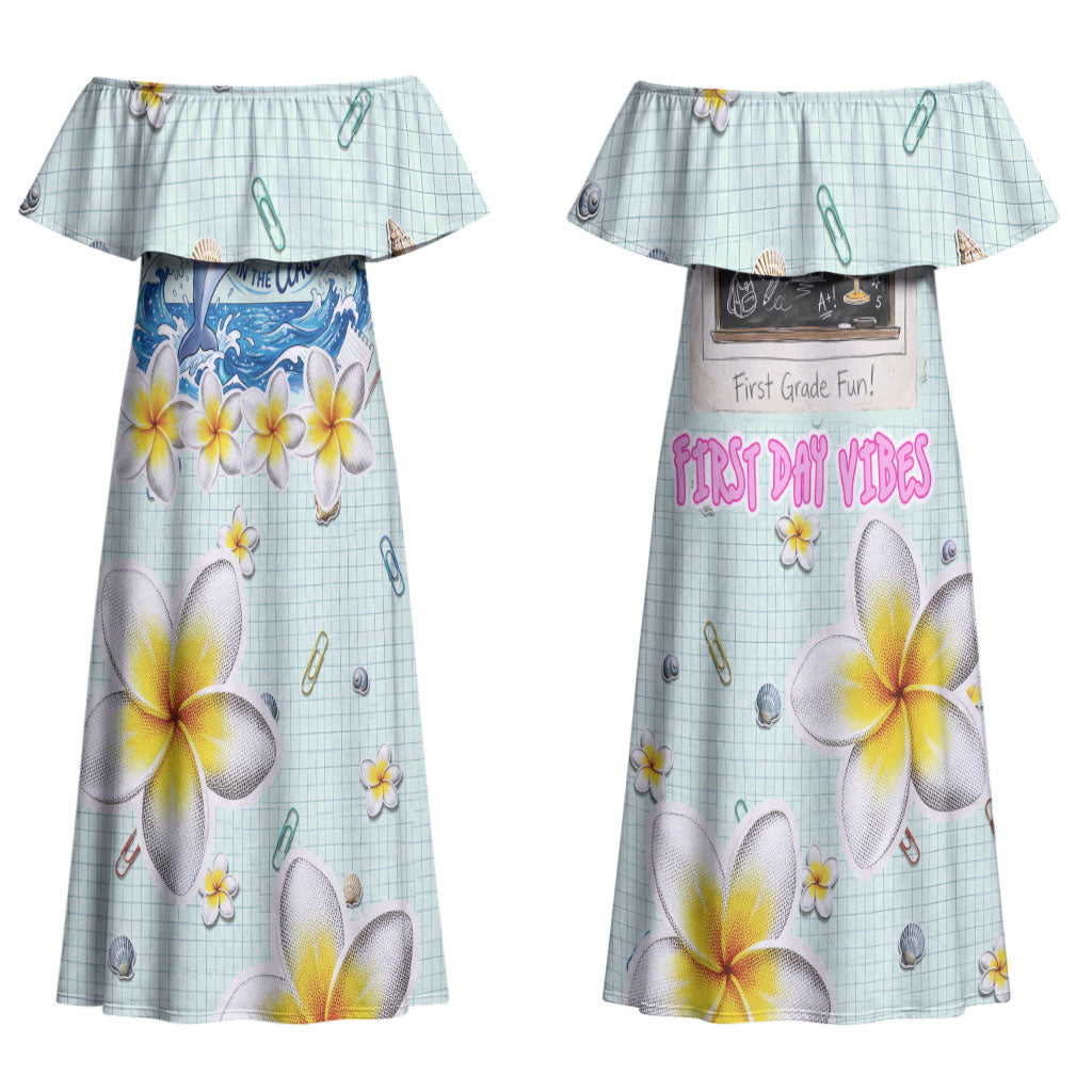 Personalized Hawaii Back To School Dolphin Couples Matching Off Shoulder Maxi Dress and Long Sleeve Button Shirt Grid Notebook Background With Dolphin Mascot And Plumeria Flowers TS04 - Polynesian Pride