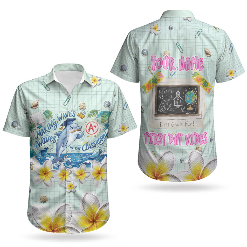 Personalized Hawaii Back To School Dolphin Couples Matching Tank Maxi Dress and Hawaiian Shirt Grid Notebook Background With Dolphin Mascot And Plumeria Flowers TS04 - Polynesian Pride