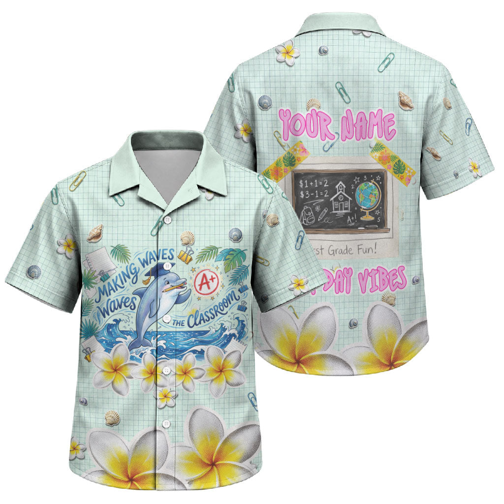 Personalized Hawaii Back To School Dolphin Family Matching Off The Shoulder Long Sleeve Dress and Hawaiian Shirt Grid Notebook Background With Dolphin Mascot And Plumeria Flowers TS04 Son's Shirt Green White - Polynesian Pride