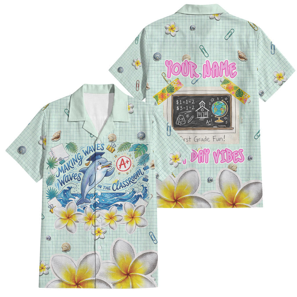 Personalized Hawaii Back To School Dolphin Family Matching Short Sleeve Bodycon Dress and Hawaiian Shirt Grid Notebook Background With Dolphin Mascot And Plumeria Flowers TS04 Dad's Shirt - Short Sleeve Green White - Polynesian Pride