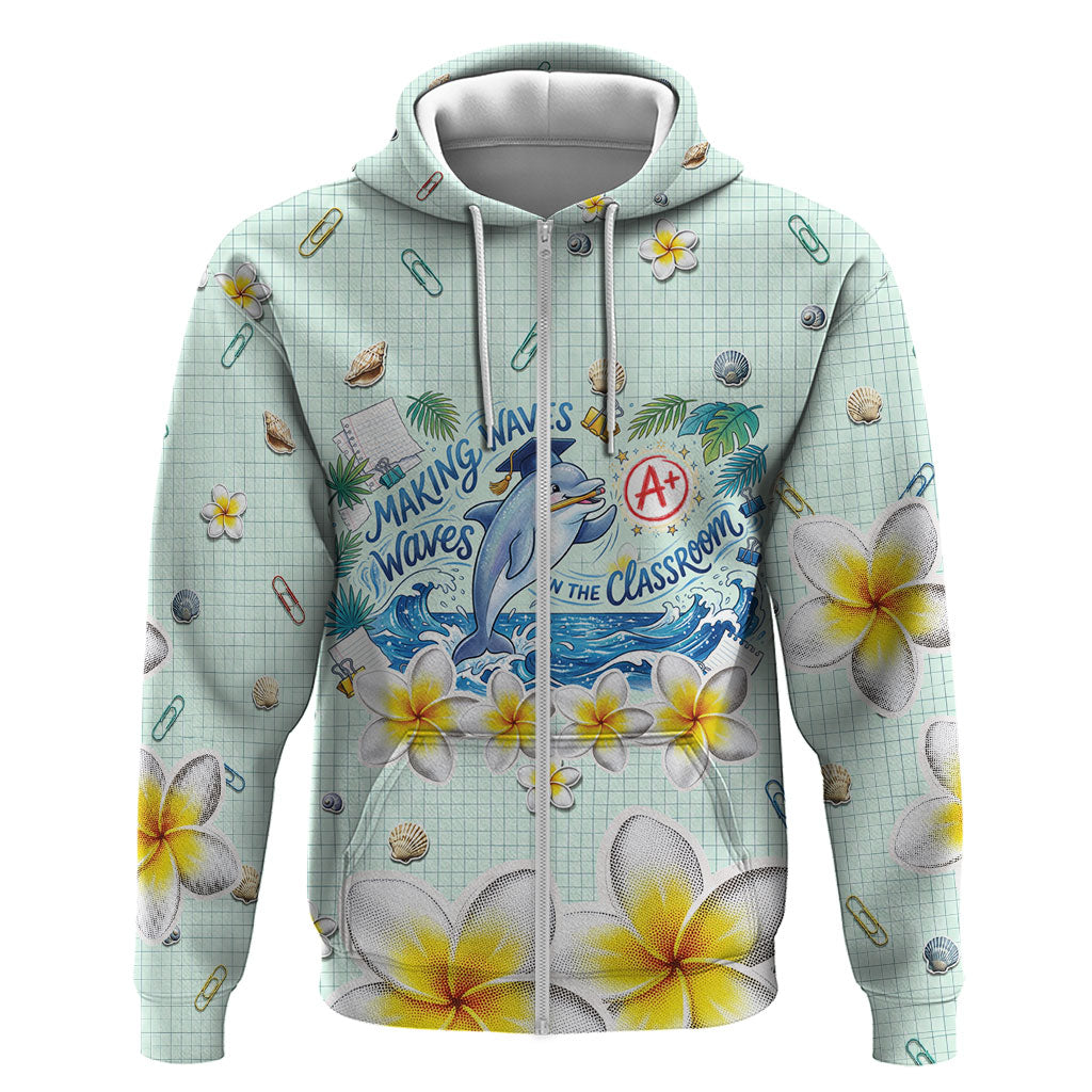 Personalized Hawaii Back To School Dolphin Zip Hoodie Grid Notebook Background With Dolphin Mascot And Plumeria Flowers TS04 Zip Hoodie Green White - Polynesian Pride