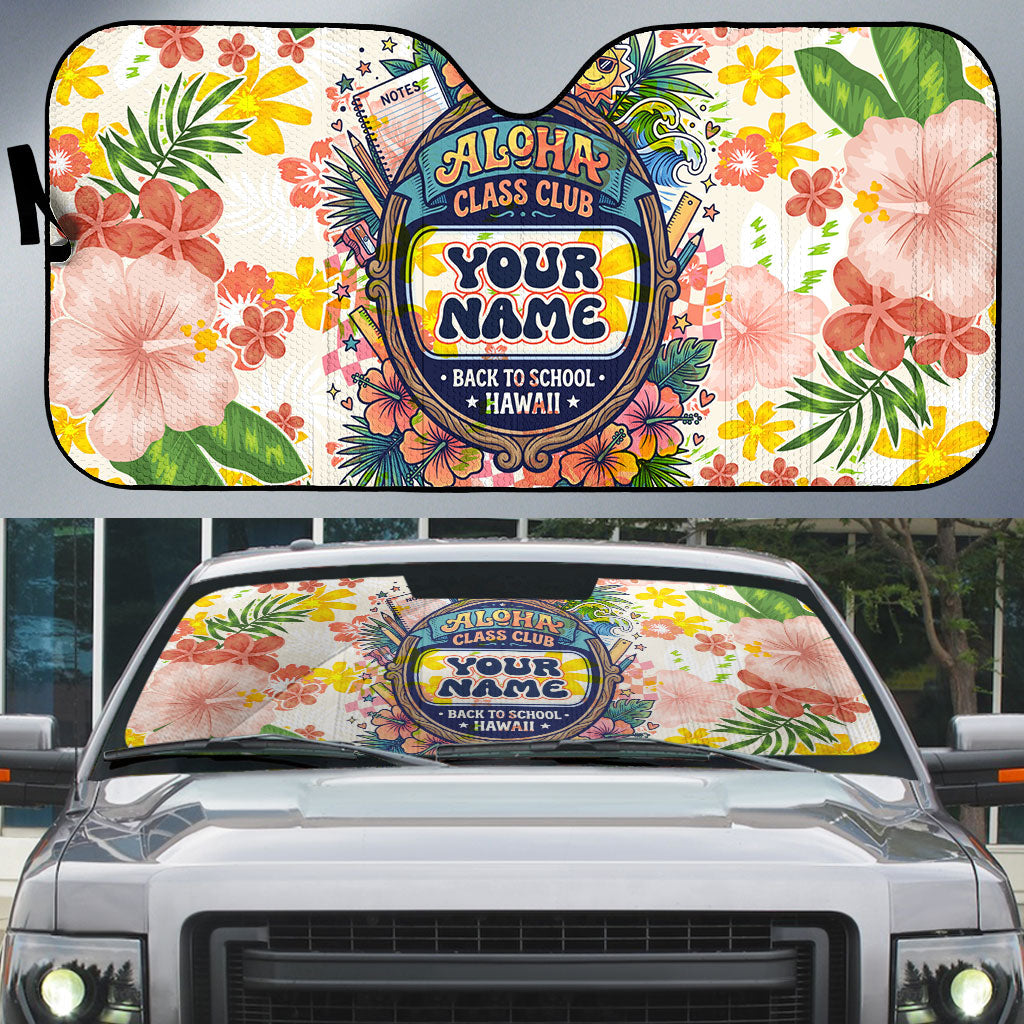 Personalized Hawaii School Club Back To Class Auto Sun Shade Retro Tropical Hibiscus Pattern With Open Notebook TS04 White Orange - Polynesian Pride