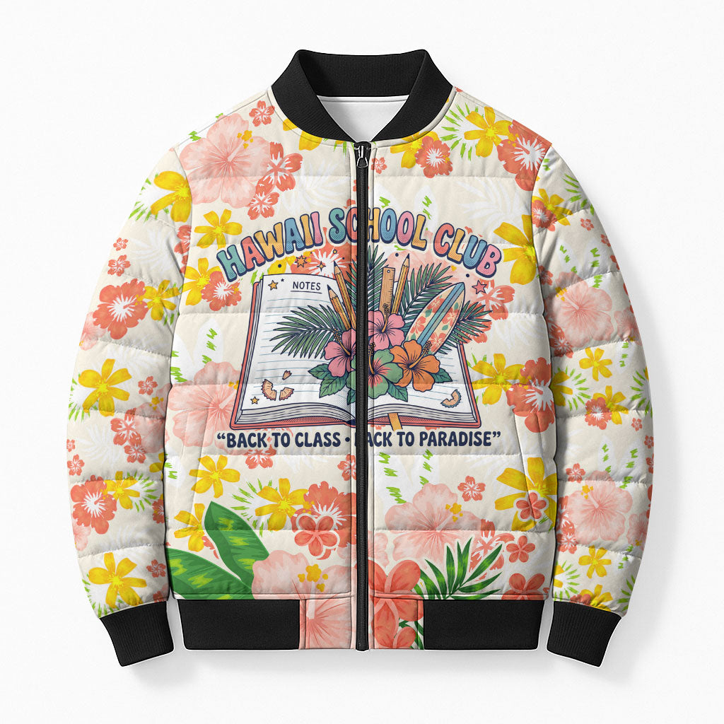 Personalized Hawaii School Club Back To Class Bomber Puffer Jacket Retro Tropical Hibiscus Pattern With Open Notebook TS04 Unisex White Orange - Polynesian Pride