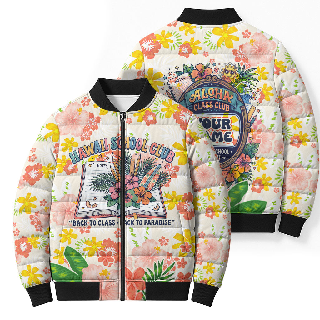 Personalized Hawaii School Club Back To Class Bomber Puffer Jacket Retro Tropical Hibiscus Pattern With Open Notebook TS04 - Polynesian Pride
