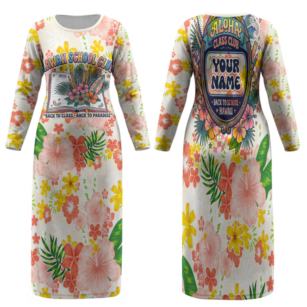 Personalized Hawaii School Club Back To Class Family Matching Long Sleeve Bodycon Dress and Hawaiian Shirt Retro Tropical Hibiscus Pattern With Open Notebook TS04 Mom's Dress White Orange - Polynesian Pride