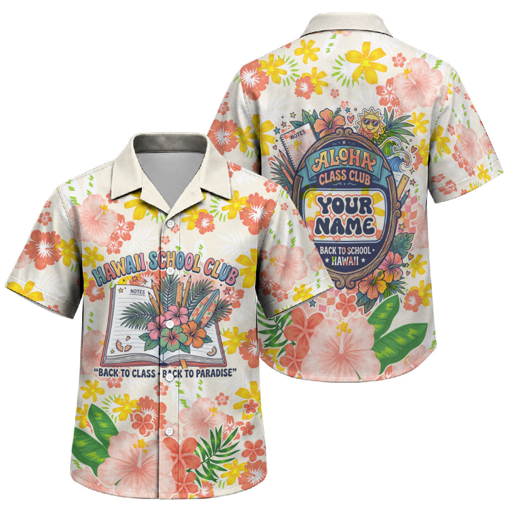 Personalized Hawaii School Club Back To Class Family Matching Mermaid Dress and Hawaiian Shirt Retro Tropical Hibiscus Pattern With Open Notebook TS04 Son's Shirt White Orange - Polynesian Pride
