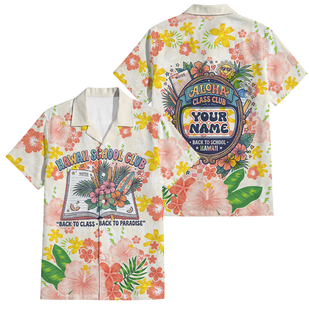 Personalized Hawaii School Club Back To Class Family Matching Off The Shoulder Long Sleeve Dress and Hawaiian Shirt Retro Tropical Hibiscus Pattern With Open Notebook TS04 Dad's Shirt - Short Sleeve White Orange - Polynesian Pride